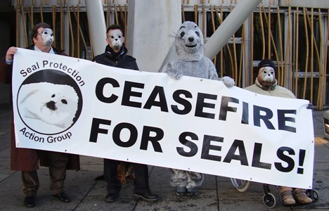 The Seal Protection Action Group protesting outside the Scottish Parliment November 2008 demanding a ceasefire for seals!